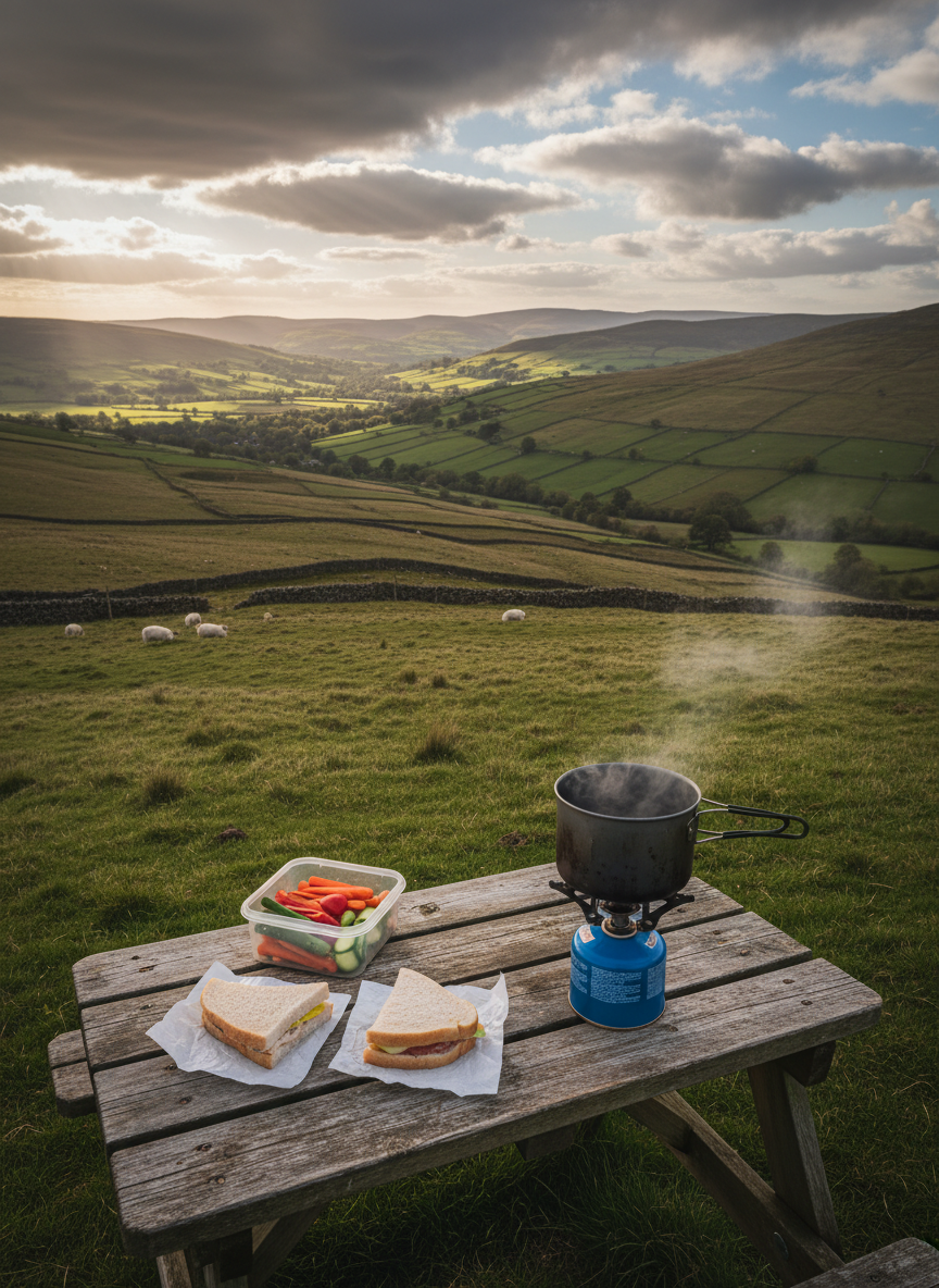 A small, weathered wooden picnic table perched on a grassy hillside, covered with a simple budget picnic: supermarket sandwiches in unbranded paper wrap, a reusable plastic container of chopped vegetables, and a single lightweight gas stove boiling water in a scuffed aluminum pot. In the distance, a wide panorama of rolling UK hills, stone walls, and scattered sheep unfolds under a dramatic, partly cloudy sky. Late afternoon sunlight breaks through gaps in the clouds, casting dynamic patches of brightness and shadow across the landscape. Photographic realism with a wide-angle, slightly elevated composition, sharp focus throughout. The atmosphere is bold and freeing, emphasizing frugal, self-catered meals with unforgettable outdoor views instead of restaurants.