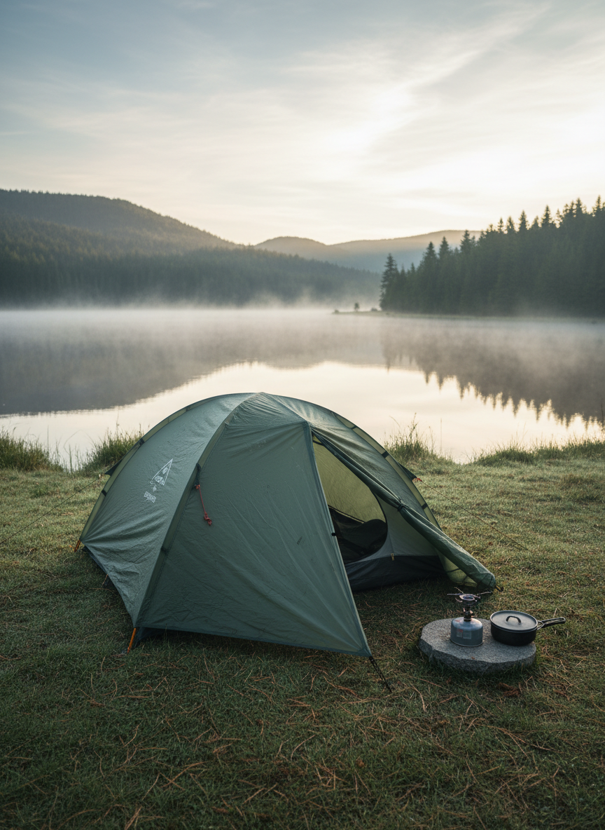 A simple, lightweight two-person tent in muted forest green, pitched on a slightly uneven grassy patch near a tranquil lake, with a budget-friendly compact stove and small pan set up on a flat stone outside. The tent fabric shows faint creases and dirt smudges from repeated use. Early morning mist hovers over the calm water, with soft, pale sunlight beginning to break through, creating gentle reflections and a cool, subdued glow. Photographic realism with a slightly elevated angle and balanced composition, keeping tent and stove in the foreground while distant tree-covered hills form a serene backdrop. The atmosphere feels quietly bold and self-sufficient, highlighting minimalist, low-cost camping in nature.