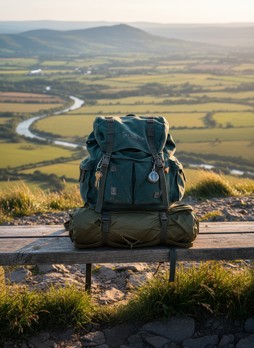 A well-worn dark teal backpack with scuffed fabric, dangling carabiners, and a rolled-up budget tent strapped beneath, resting on a rough wooden bench at a windswept cliff viewpoint. Below, a broad valley of patchwork fields and a winding river stretches into a hazy distance, suggesting the UK countryside. Late afternoon golden hour light washes the scene, catching the frayed straps and metal clips, while distant hills fade into soft, cool blues. Photographic realism with a wide-angle, eye-level composition, sharp focus on the backpack and bench, and a slightly blurred horizon. The atmosphere feels bold and adventurous, emphasizing resourceful, low-cost travel rather than luxury or polish.