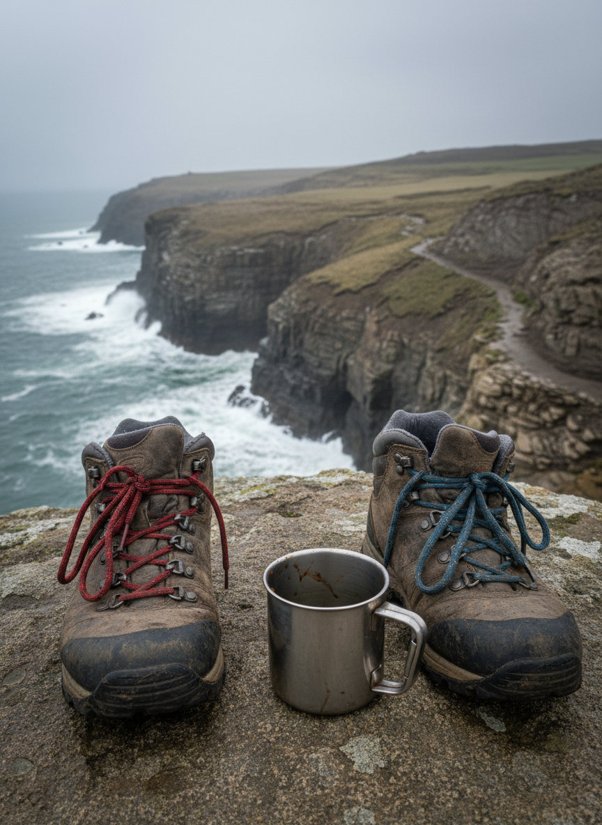 A pair of mud-splattered, budget hiking boots with mismatched laces, resting beside a compact, slightly dented stainless steel camping mug on a rocky outcrop. Behind them, a dramatic coastal path snakes along rugged cliffs with waves crashing far below, evoking a classic UK long-distance trail. Overcast sky creates diffused, even lighting, bringing out the textures of damp rock, weathered leather, and sea spray without harsh shadows. Photographic realism with a low-angle, close-up composition, shallow depth of field that keeps boots and mug crisp while the coastline recedes into a soft blur. The mood is gritty and determined, celebrating affordable outdoor adventure and persistence.