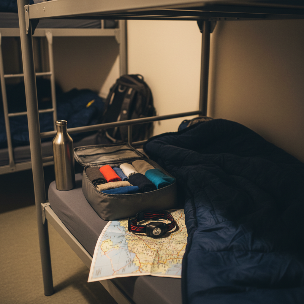 A narrow hostel bunk bed corner with a simple metal frame, slightly rumpled sleeping bag in deep navy, and a compact packing cube half-zipped, revealing neatly rolled budget travel clothes. A worn paper map of the UK, folded and creased, lies on the thin mattress beside a basic headlamp and a reusable water bottle with a few scratches. Warm, dim ambient light from an unseen hallway creates soft shadows and a cozy, lived-in feeling. Photographic realism with an intimate eye-level composition and shallow depth of field, focusing on the sleeping bag and map while the background bunks fade into blur. The mood is practical and adventurous, capturing the essence of cheap, no-frills accommodation while traveling.